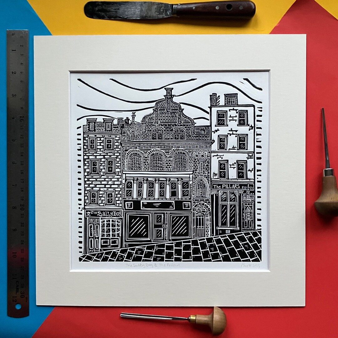 The Salty Dog & the Pillars. 12 X 12 Linocut Print by Pamela Scott