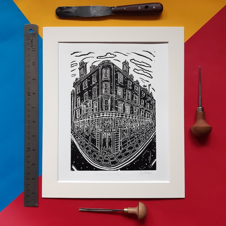 Trades. 10 x 12 linocut print by Pamela Scott Dundee Boozer Pub Local Trades House Bar