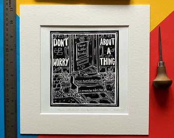Tres pajaritos de Bob Marley y los Wailers. Linograbado de 25 x 25 cm de Pamela Scott. Letras de Bob Marley. Éxodo. No te preocupes por nada.