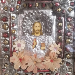 Antique portrait of Jesus in box frame from Romania. Eastern European religious antique