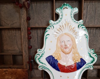 Large antique French Johnston Bordeaux porcelain Benitier Holy water font. Faience Catholic ceramic Vieillard. 1800s