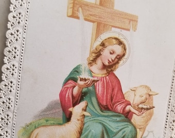 French antique Holy prayer card. Lace cut. Jesus as a child