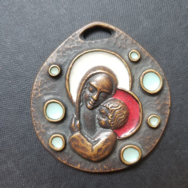 Antique Elie Pellegrin large bronze medal. Our Lady and baby Jesus
