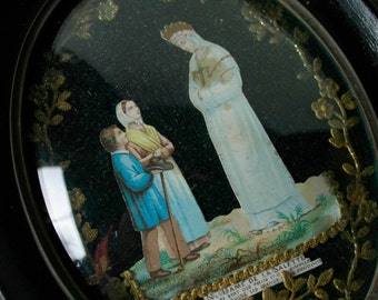 Antique French holy water font Napoleon III frame with domed glass, Notre-dame de la Salette.
