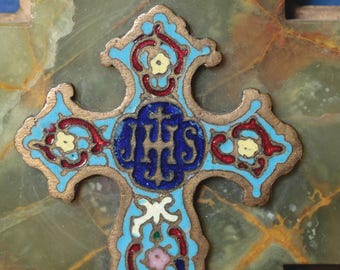 French antique onyx marble wall crucifix. Cloisonne cross and Holy Water font. Benitier enamel paint