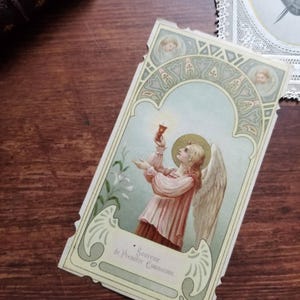 Cartão de lembrança de comunhão francesa antiga com anjo da guarda