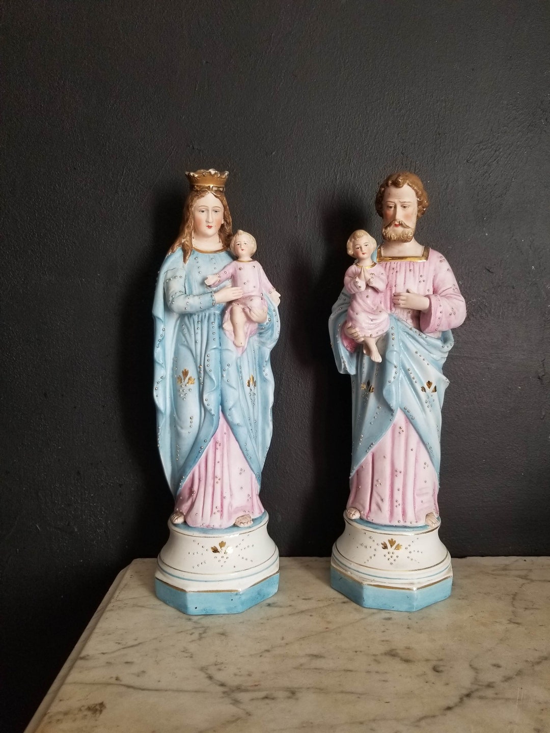Pair of Bisque Statues Virgin Mary and St Joseph With Infant Etsy