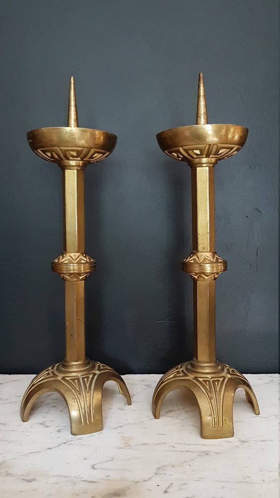 Pair of Antique Brass Church Candle Holders 