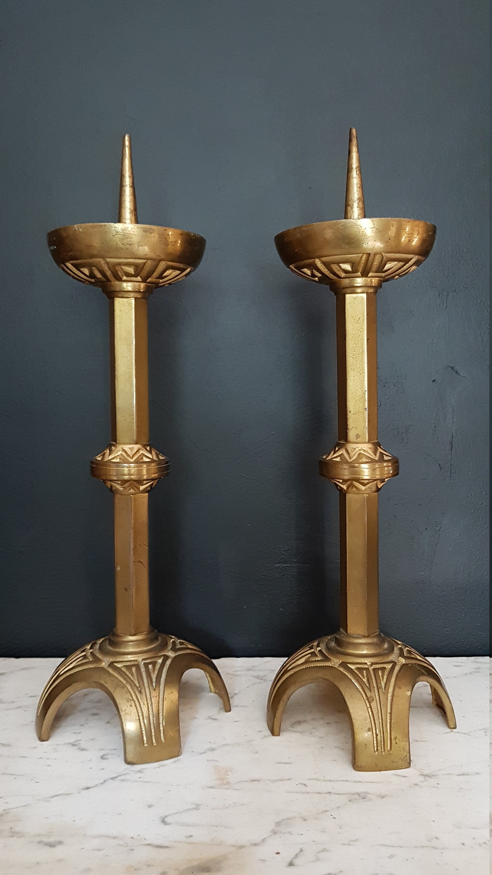 Stunning Large Vintage Pierced Brass Candlestick Set Altar Candle