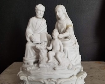 Unusual Holy family statue. Antique bisque Mary, Jesus and Joseph figurine