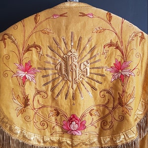 Antique priest cloak cape cope mantle. Liturgical vestment gold red. Christogram Catholic Christian