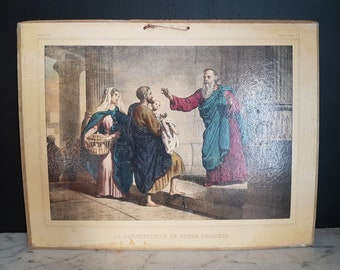 Antique French Bible poster / educational board New Testament.