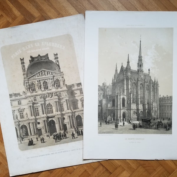 Antique Paris Lithograph, book plate from 'Paris dans sa splendeur', Henry Charpentier 1860s. Sainte Chapelle