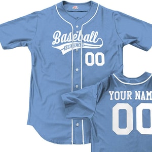 Light Blue Full Button Baseball Jersey with White Piping and Custom Back Printing