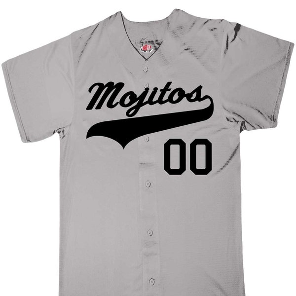 Mojitos 6 Button Custom Baseball Jersey | Grey with black Print, Team Name, Player Name, Player Numbers