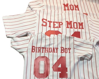 DIY Birthday Boy, Mom, Step Mom, Custom Pinstriped Baseball Jersey| Full Button Down, White with Scarlet Red Pinstripes Personalized Jersey