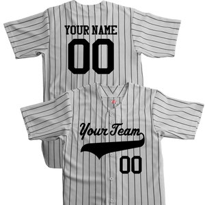 Customized Pinstriped Baseball Jersey| Full Button Down, Grey with Black Pinstripes Personalized Jersey with Your Team, Player, Numbers