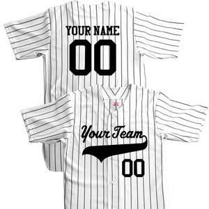 Custom Pinstriped Baseball Jersey Full Button Down, White with Black Pinstripes Personalized Jersey with your Team, Player, Numbers image 1