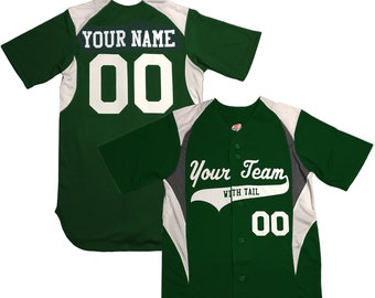 Custom 3 Color Baseball Jersey | Forest Green, Purple, Red, Orange, Black & White with 2 color Trim Personalized with your names and numbers