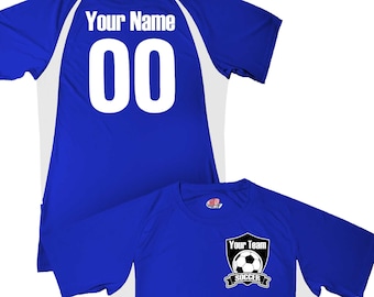 Your Soccer Club Team Name Designed as a Custom Logo Heat Set Vinyl Printed on a Performance Moisture Wicking Soccer Jersey with Name Number