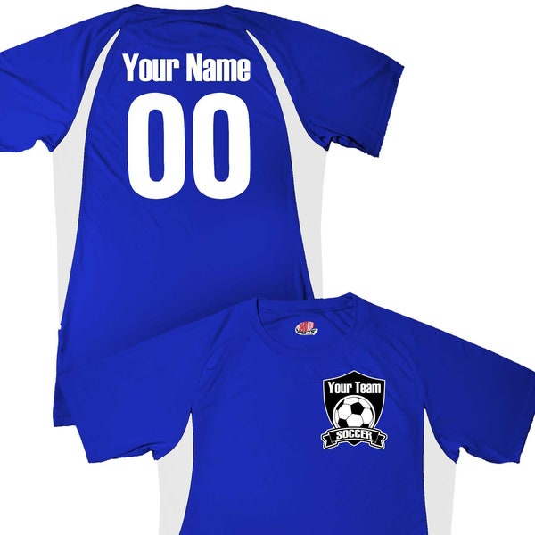 Your Soccer Club Team Name Designed as a Custom Logo Heat Set Vinyl Printed on a Performance Moisture Wicking Soccer Jersey with Name Number