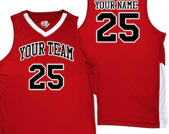 Camiseta de baloncesto retro personalizada roja, negra y blanca: nombre y número del equipo en vinilo bicolor