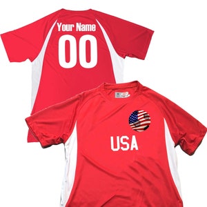 Personalized USA Soccer Jersey with Soccer Ball Design Personalized with Your Names and Numbers in Your choice of Popular Colors
