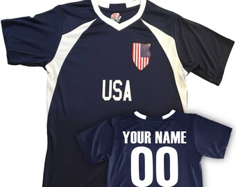 Custom USA Soccer Jersey with Shield Design Personalized with Your Names and Numbers in Your choice of Popular Colors