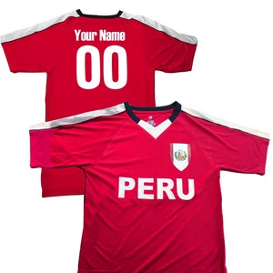Custom Peru Soccer Jersey with Peruvian Flag Shield Design | Personalized with Your Name and Number in Your choice of colors