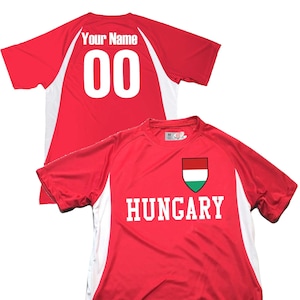 Hungary Soccer Jersey, Hungarian Flag Soccer Shield Design, Customized with Your Names and Numbers in Your choice of Popular Colors