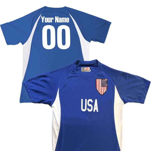 Custom USA Soccer Jersey with Shield Design Personalized with Your Names and Numbers in Your choice of Popular Colors