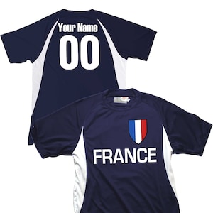 France Soccer Jersey, French Flag Soccer Shield Design, Customized with Your Names and Numbers in Your choice of Popular Colors