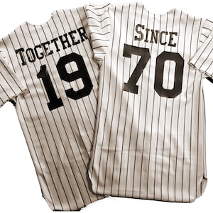 Together Since Anniversary Custom Pinstriped Baseball Jersey| Full Button Down, White with Black Pinstripes Personalized Jersey