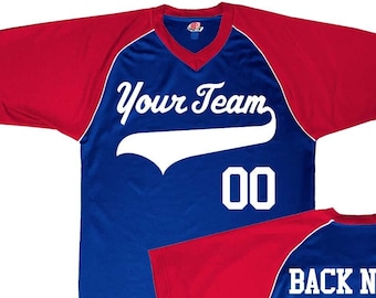 Camiseta de béisbol personalizada de 3 colores en azul rey, escarlata, blanco, verde, dorado, azul marino y morado.