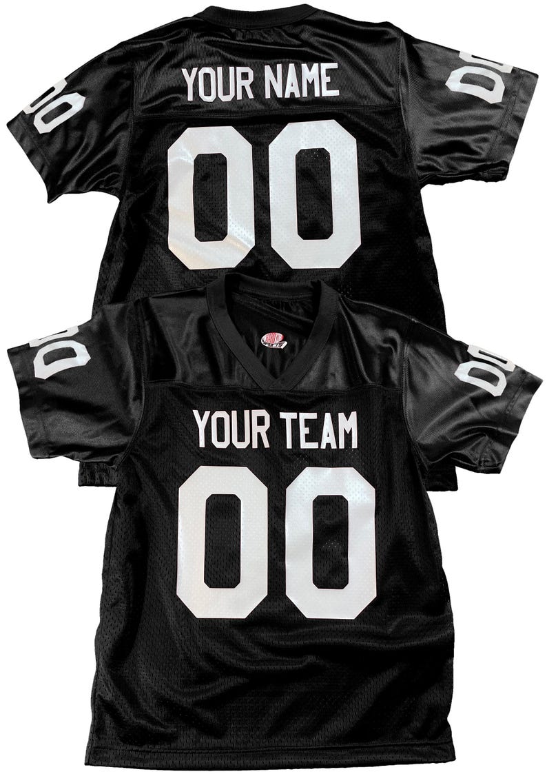 Black football jersey customized with just the name and number on the back in your choice of 18 professional team colors plus sleeve numbers