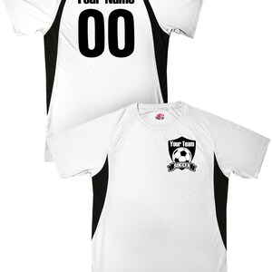 May include: White soccer jersey with black accents and a soccer ball logo on the front. The back of the jersey has a black number "00" and the text "Your Name".