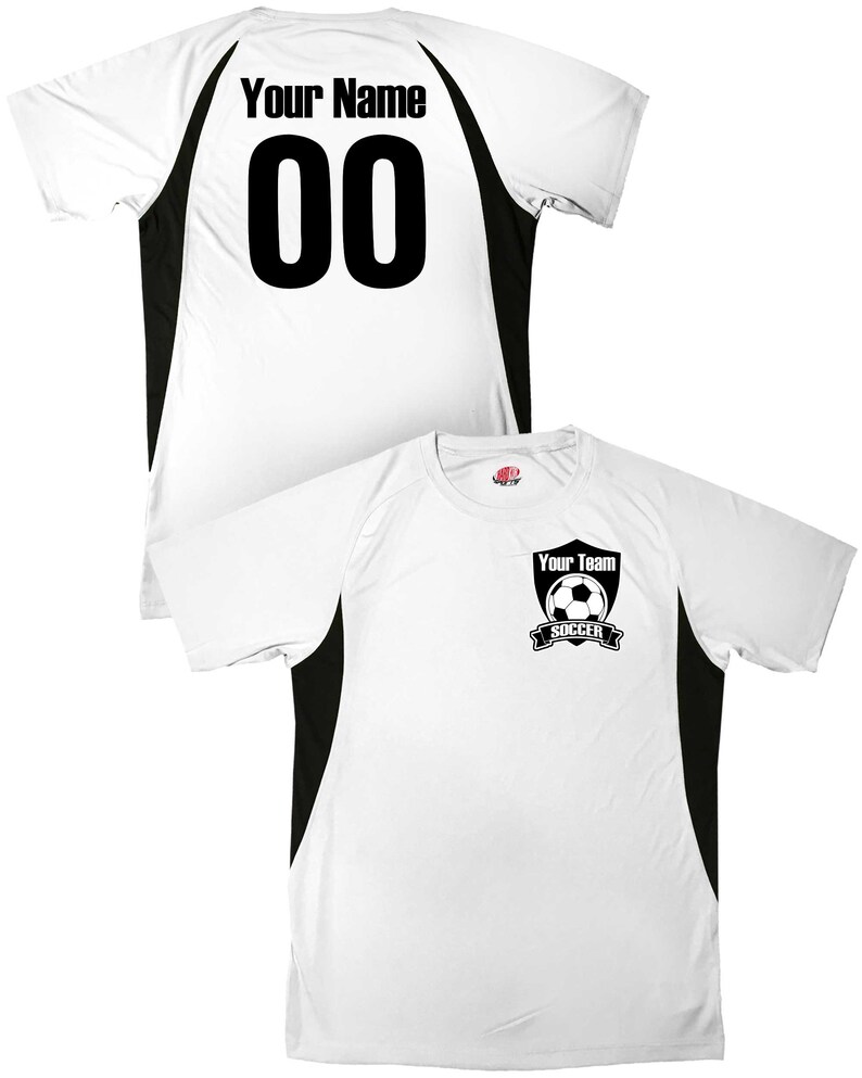 May include: White soccer jersey with black accents and a soccer ball logo on the front. The back of the jersey has a black number "00" and the text "Your Name".
