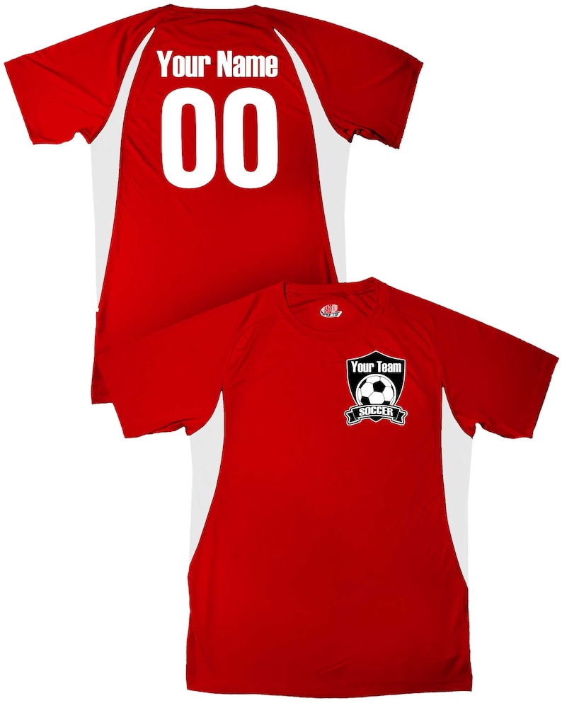 May include: Red soccer jersey with white accents. The back of the jersey has a white number "00" and the text "Your Name". The front of the jersey has a black and white soccer logo with the text "Your Team Soccer".