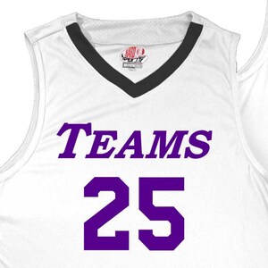 white and black basketball jersey with purple heat applied vinyl lettering front print only