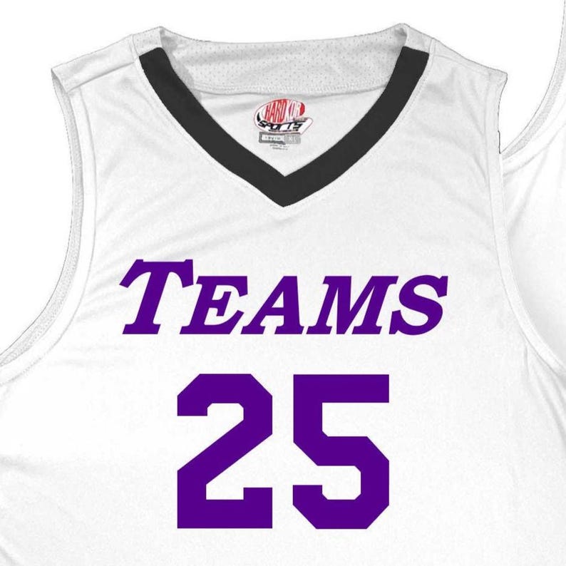 white and black basketball jersey with purple heat applied vinyl lettering front print only