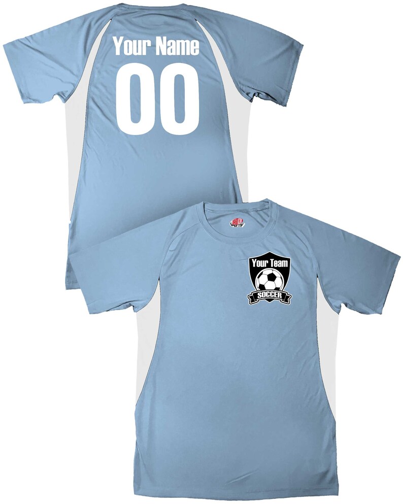 May include: A light blue soccer jersey with white accents. The back of the jersey has the text "Your Name" and the number "00". The front of the jersey has a black and white soccer ball logo with the text "Your Team Soccer".