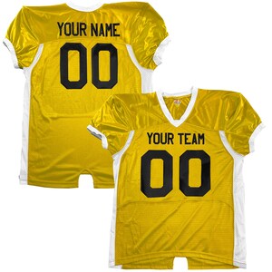 May include: Two yellow American football jerseys with white trim. One has "YOUR NAME" and the number "00" in black. The other displays "YOUR TEAM" and the number "00" in black. Both jerseys feature a V-neck design.
