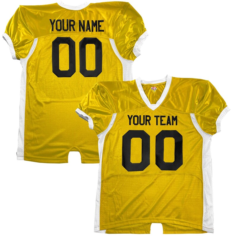 May include: Two yellow American football jerseys with white trim. One has "YOUR NAME" and the number "00" in black. The other displays "YOUR TEAM" and the number "00" in black. Both jerseys feature a V-neck design.