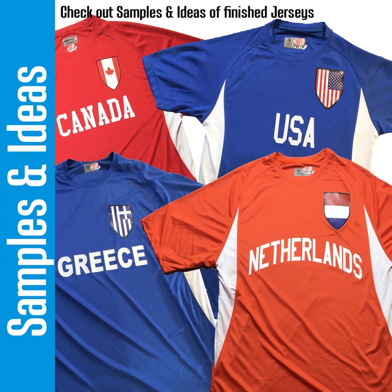 Puede incluir: Cuatro camisetas de f&uacute;tbol con diferentes banderas y nombres de pa&iacute;ses. Las camisetas son rojas, azules y naranjas con detalles blancos. Las banderas son Canad&aacute;, Estados Unidos, Grecia y Pa&iacute;ses Bajos.