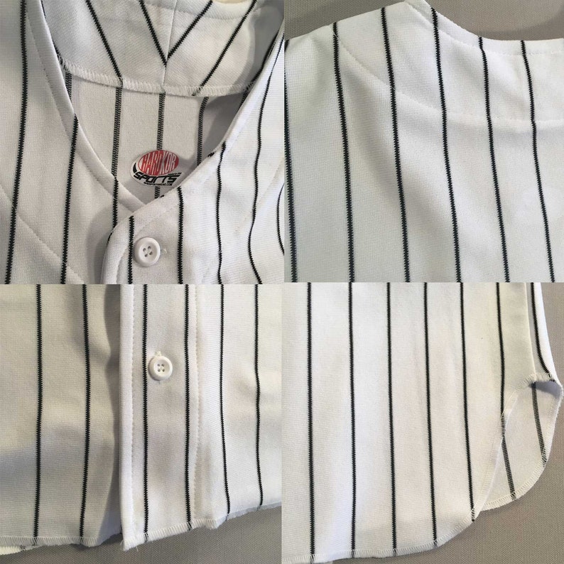 Custom Pinstriped Baseball Jersey Full Button Down, White with VERY DARK Navy Blue Pinstripes Personalized Jersey with Team, Player, Number afbeelding 10