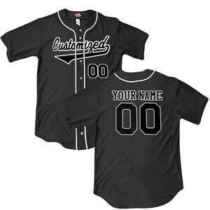Wedge 2 color print Black 6 Button Baseball Jersey with white piping. Your team Customized as a professional looking full button down baseball jersey. Printed with team name, player name and numbers