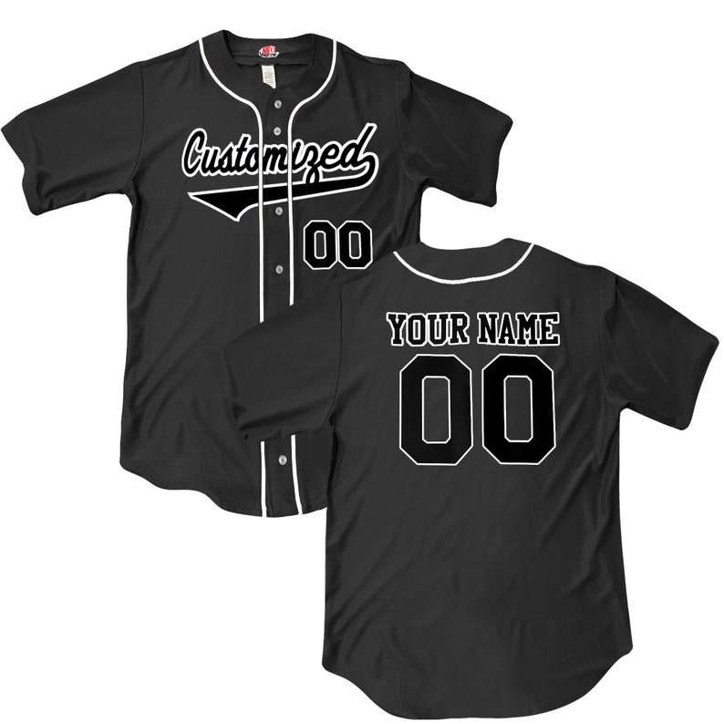Wedge 2 color print Black 6 Button Baseball Jersey with white piping. Your team Customized as a professional looking full button down baseball jersey. Printed with team name, player name and numbers