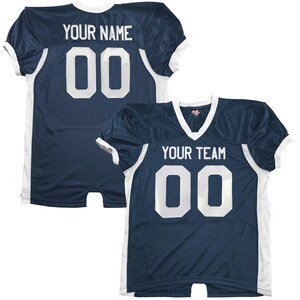 May include: Navy blue football jersey with white trim. The jersey has the text "YOUR NAME" and the number "00" on the back. The front of the jersey shows "YOUR TEAM" and the number "00".