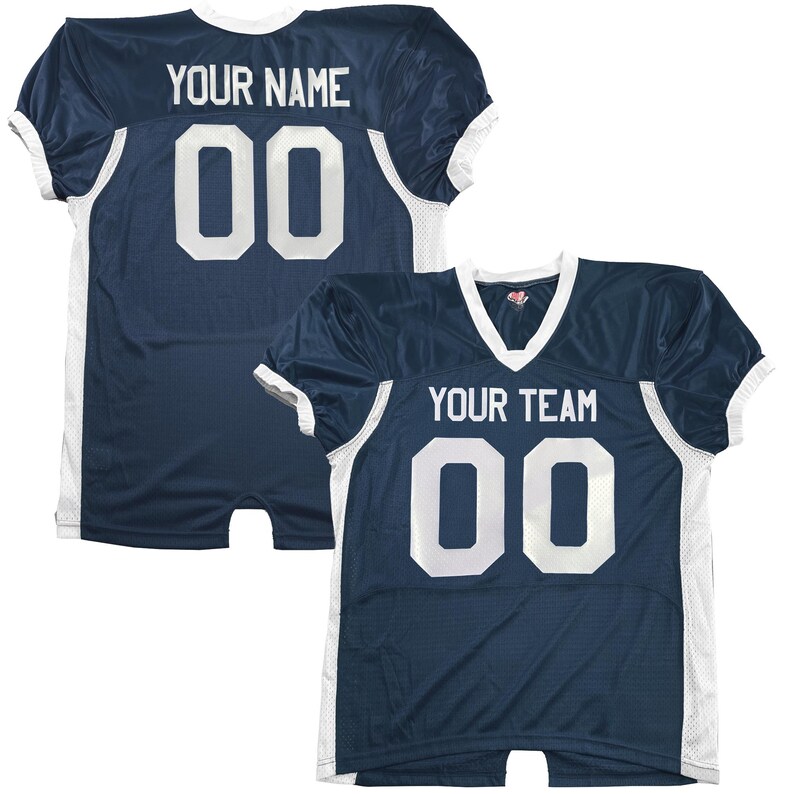 May include: Navy blue football jersey with white trim. The jersey has the text "YOUR NAME" and the number "00" on the back. The front of the jersey shows "YOUR TEAM" and the number "00".