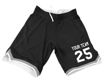 Basketball Shorts with V‑Notch Two‑Color Trim, Custom Vinyl Name, Number,  Matches Jersey